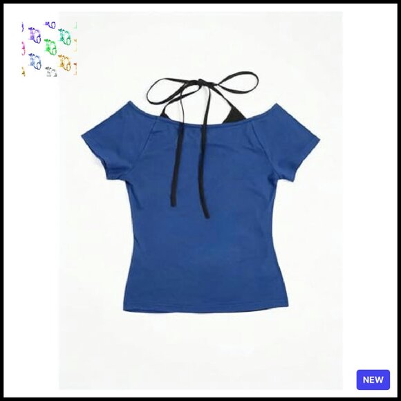 Y2K Graphic Halter Neck T-Shirt Ruched Short Sleeve Going Out Top - Picture 4 of 6